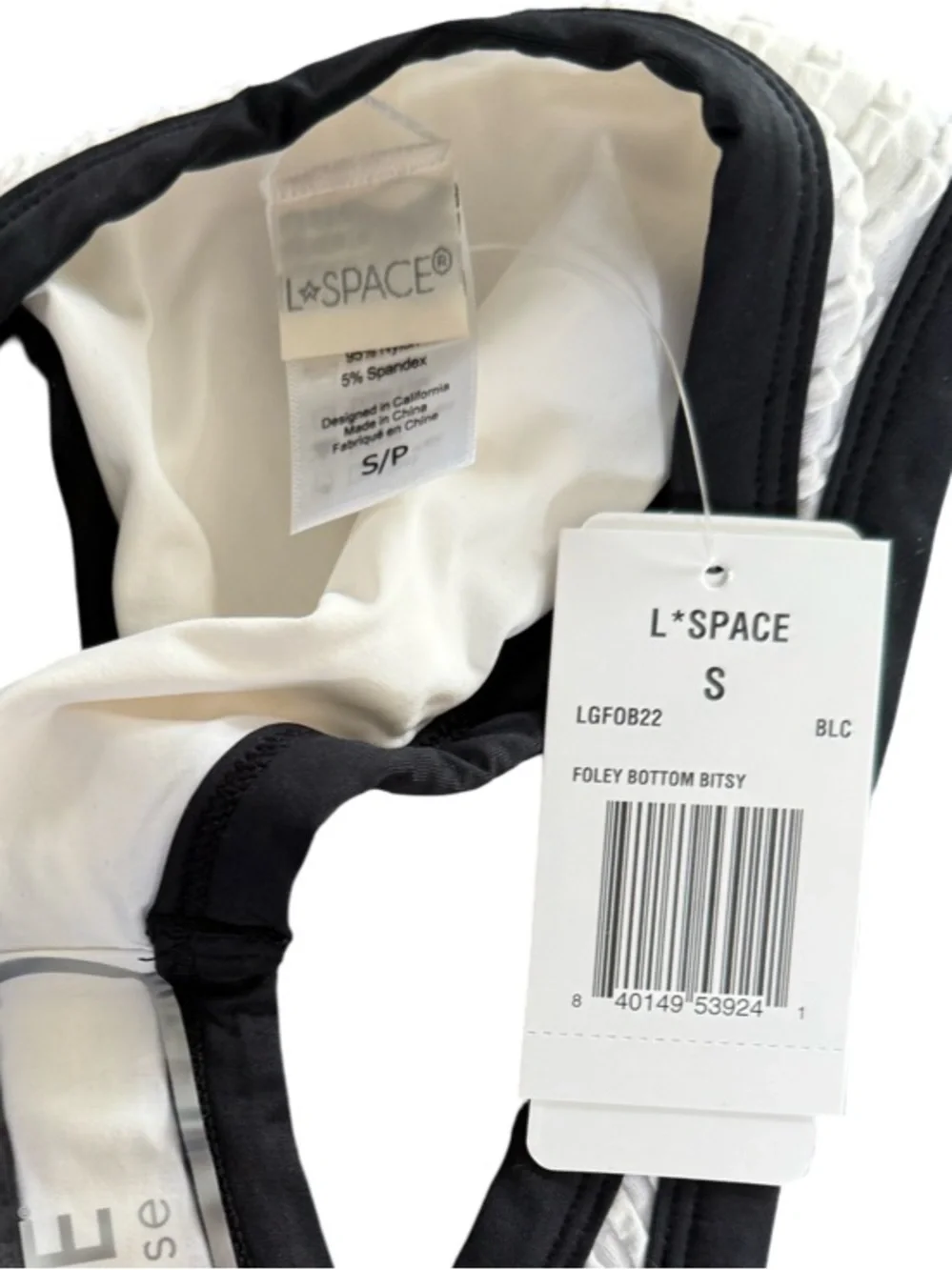 L*Space Foley Bitsy Bikini Swim Bottom Black Ivory Textured NWT Size S